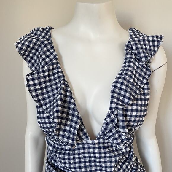 NWT J.Crew Gingham Ruched Ruffle One-Piece Swimsuit Womens Size 12 Blue White - Picture 4 of 12